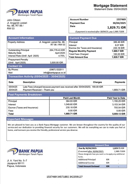 Download Indonesia Bank Papua mortgage statement Word and PDF template Photoshop template